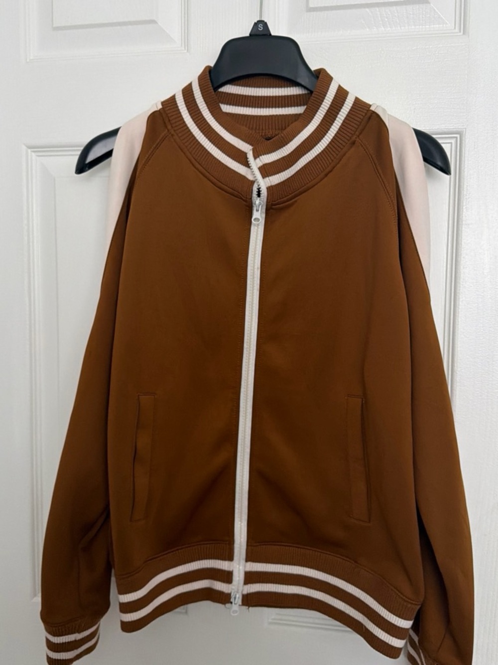 Women's Brown Zip-Front Varsity Jacket with Cream Trim